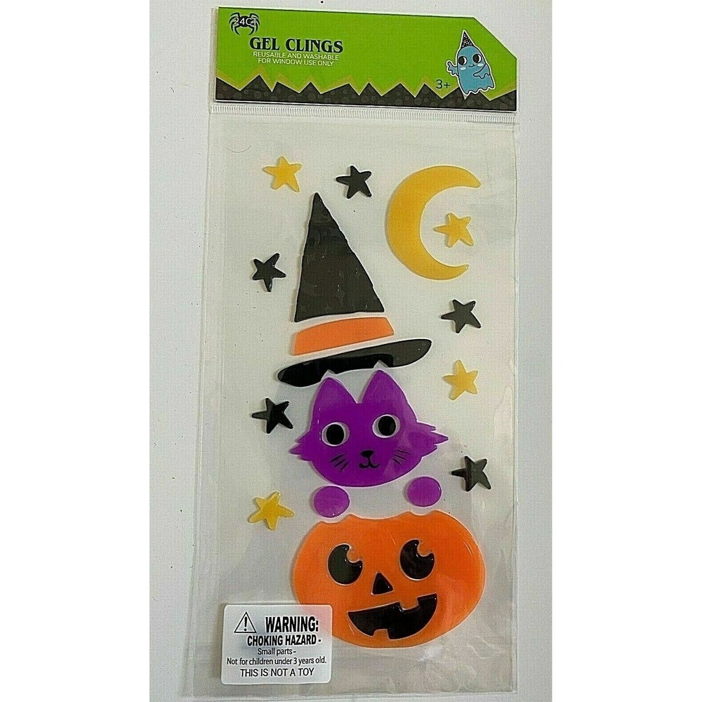 NEW HALLOWEEN 24 pc Window Sticker Gel Clings Decor Pumpkin Cat Witch Hat Moon!!